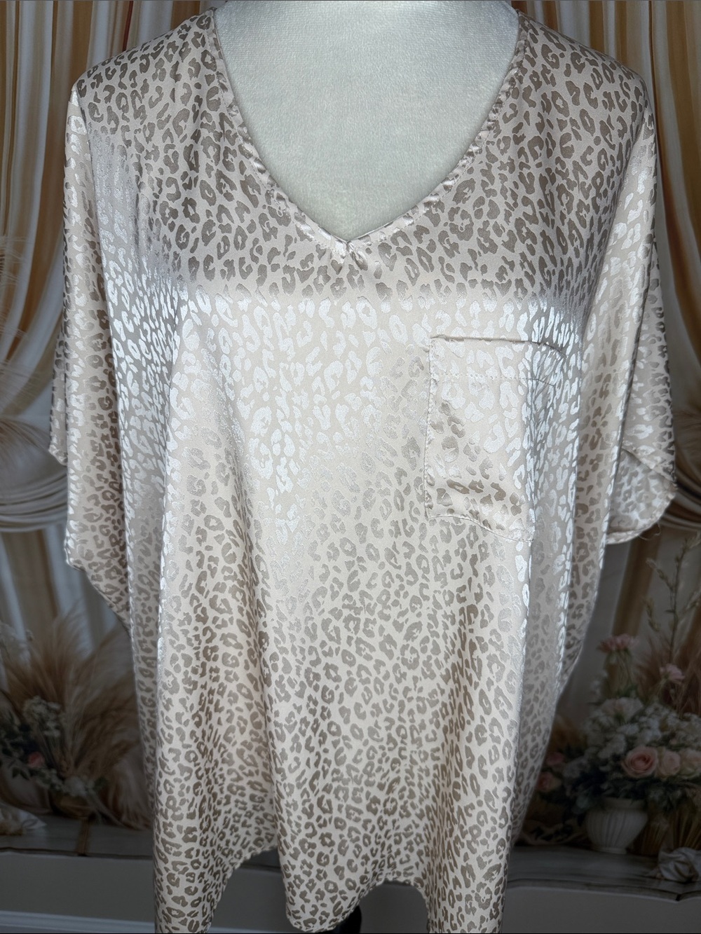Women's Satin Leopard-Print V-Neck Blouse in Beige